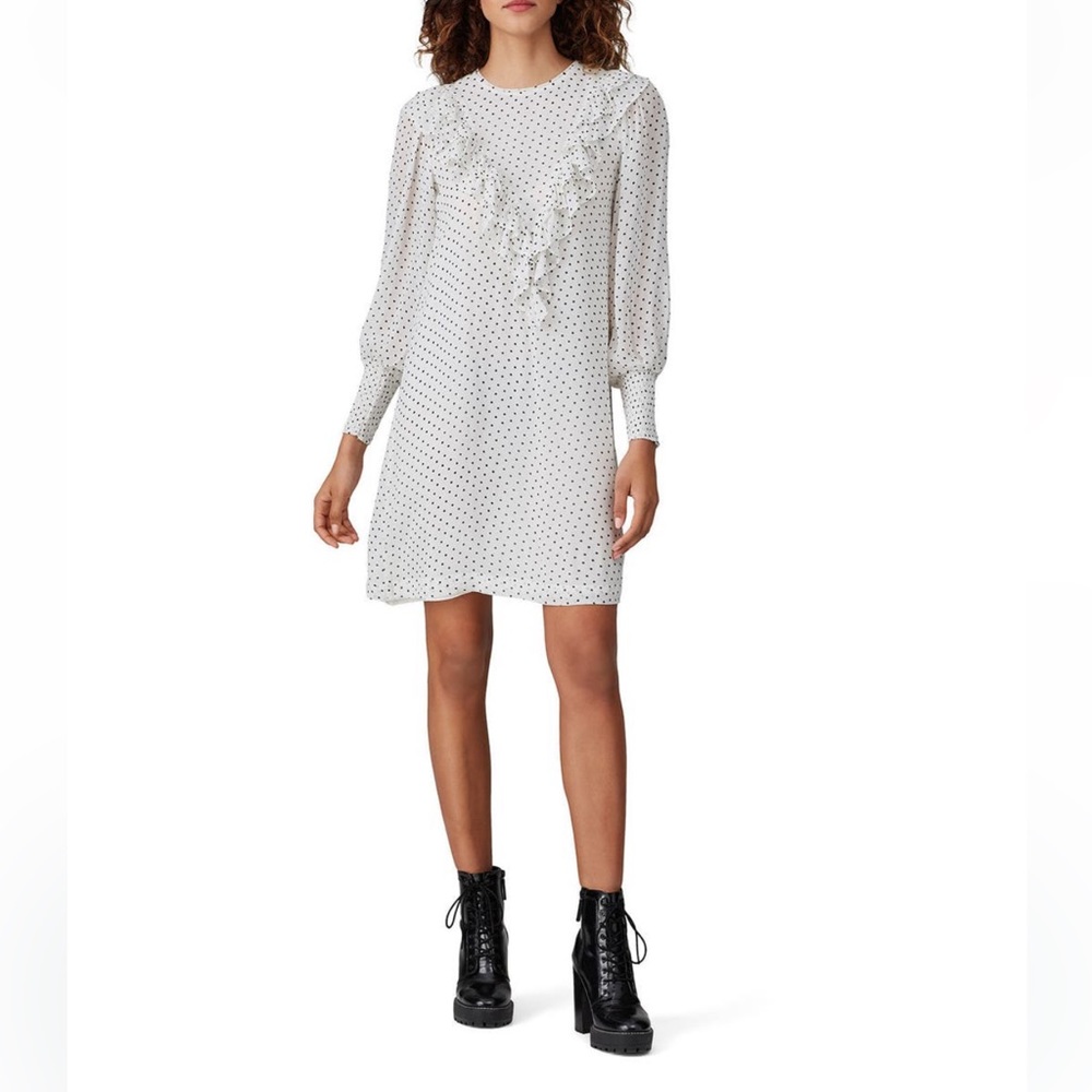 Ganni Tiny Polka Dot Mini Dress Ruffle Victorian Long Sleeve Ruffles White sz 6
